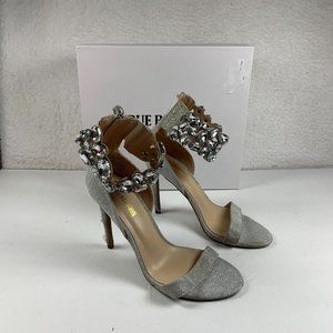 True Religion Braelynn Ankle Wrap Dress Heels 7.5M Jewel Embellished Silver 7963